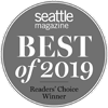 The image shows a gray badge reading "Seattle Magazine Best of 2019 Readers' Choice Winner."