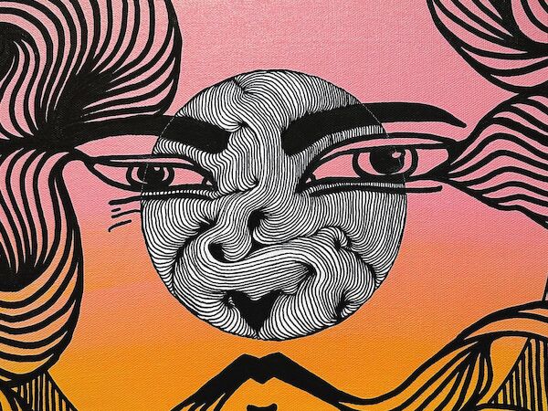 This image features a stylized face with swirling lines, set against a gradient background of pink, orange, and yellow hues, with a circular area in the center.