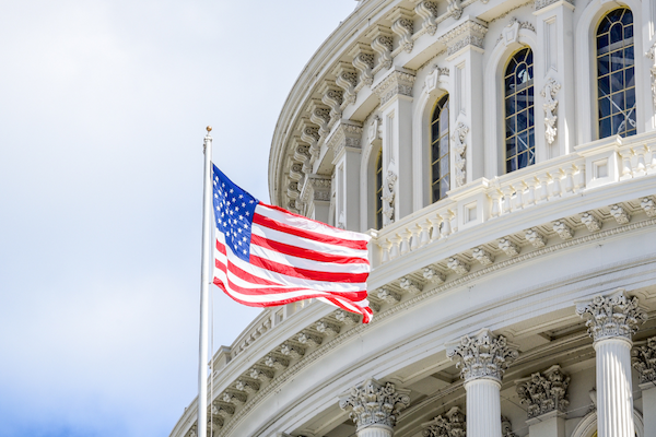 The image depicts the United States Capitol building with an American flag prominently displayed in the foreground.