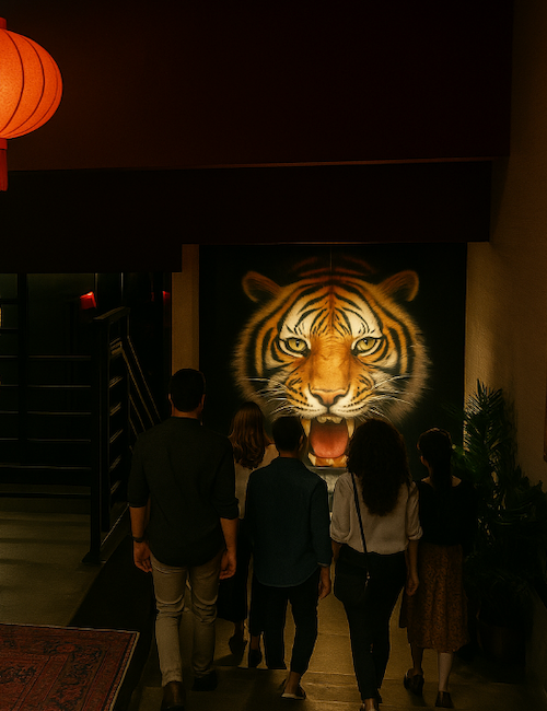 A group of people walks toward a mural of a tiger on a dimly lit staircase, with a hanging red lantern above them, creating a dramatic scene.
