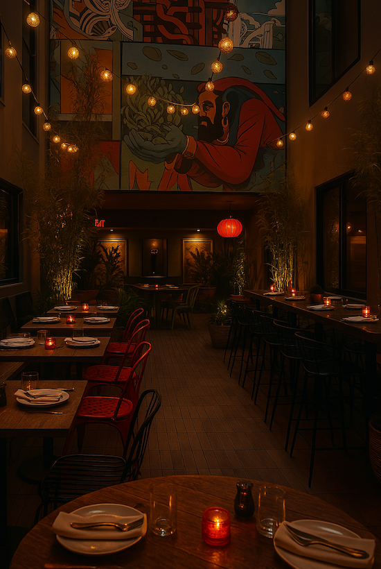 Dimly lit restaurant interior with hanging lights, colorful mural on the wall, and tables set for dining with plates and candles.