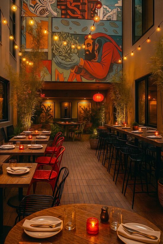 A cozy, stylish restaurant with warm lighting, colorful wall art, and string lights over wooden tables. End.