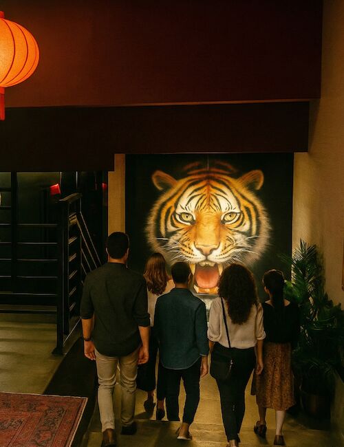 A group of people looks at a large tiger painting in a dimly lit hallway, with a red lantern hanging above.