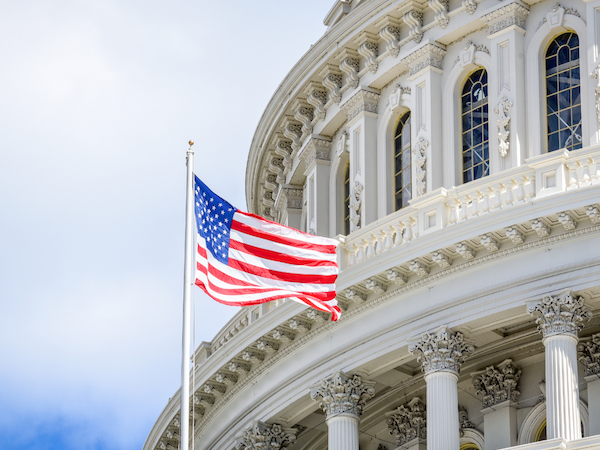 The image depicts the United States Capitol building with an American flag prominently displayed in the foreground.