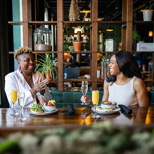 Two people dining at a table with breakfast? drinks like mimosas, salads and plates, in a stylish restaurant setting with plants in the background.